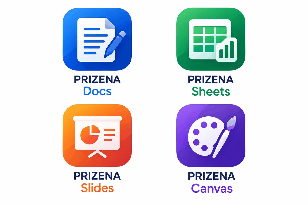 Concepto visual de PRIZENA Docs, Sheets, Slides y Canvas